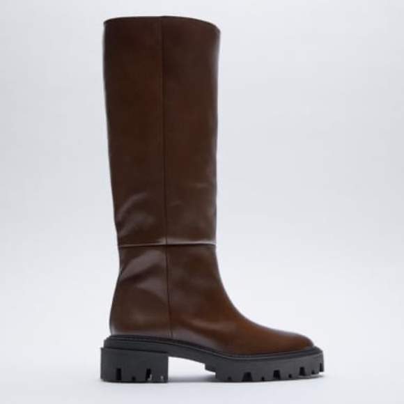 ZARA FLAT KNEE-HIGH LEATHER BOOTS - Picture 1 of 15